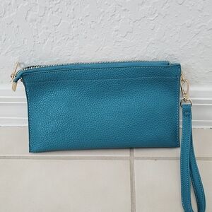 Teal Leather Wristlet Clutch